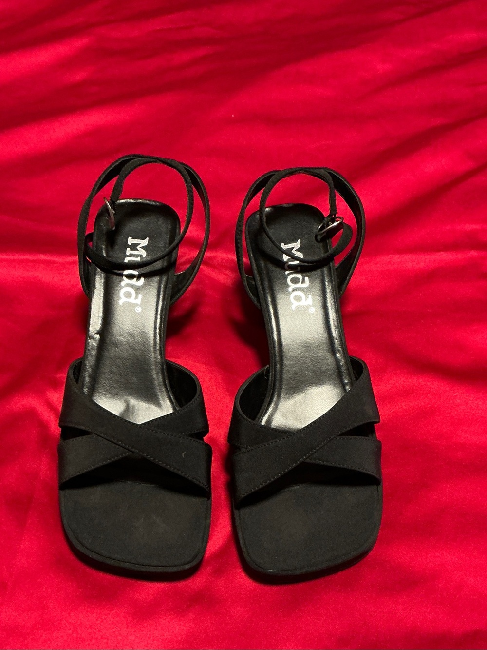 MUDD Y2K Black Strappy Mid Block Heel Sandals